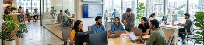 Modern shared office spaces in Bangalore with open workstations and natural lighting